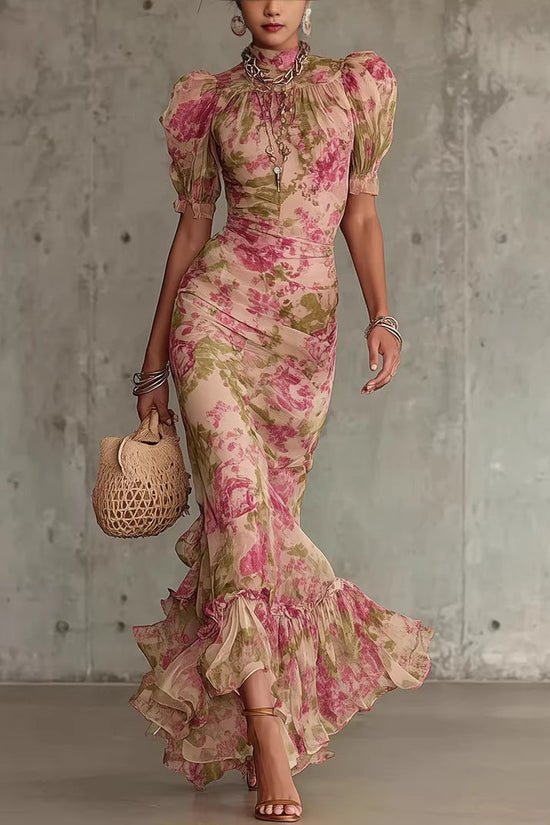 Bubble sleeve printed slim fit long skirt 