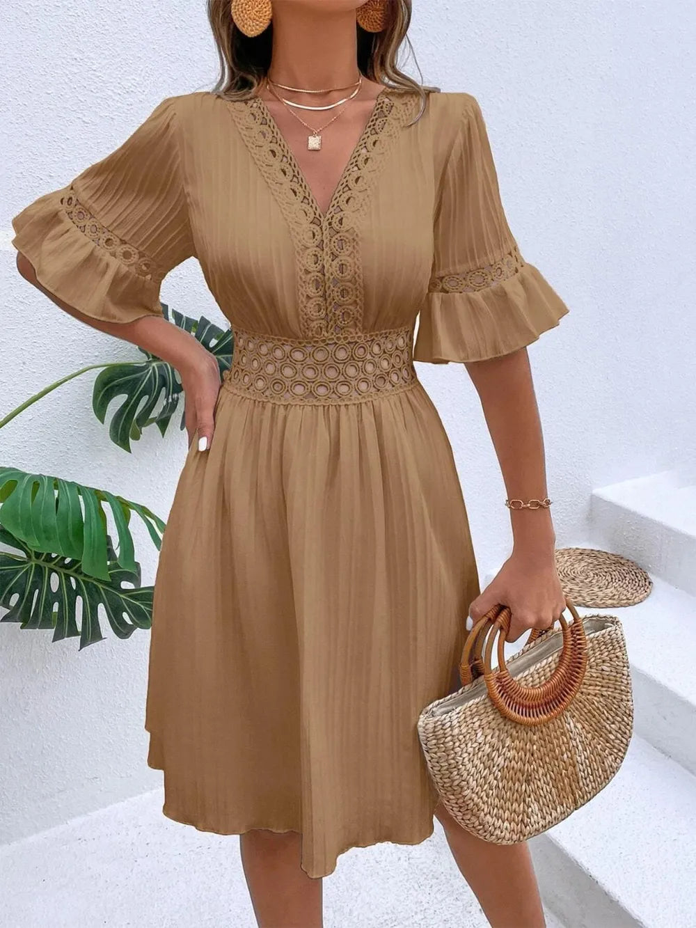 Cutout V-Neck Flounce Sleeve Mini Dress 