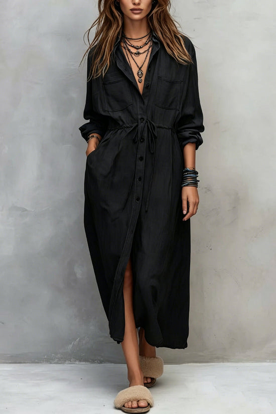 Spring and Autumn Casual Drawstring Waist Shirt Dress Loose Style for Women 