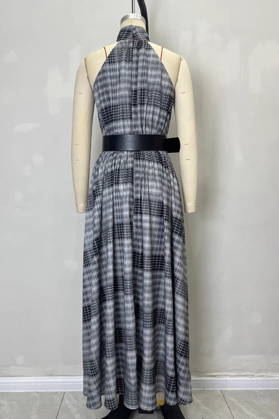 Sleeveless plaid high waisted lace up A-line long skirt 