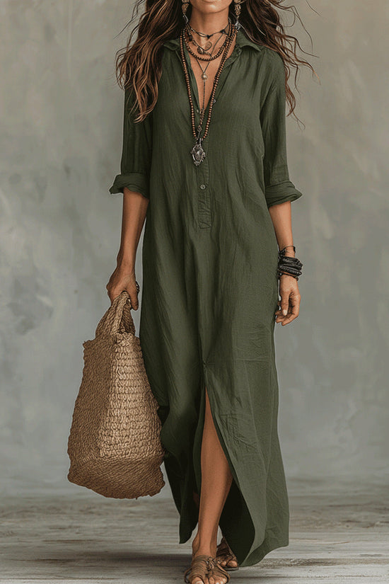 Spring Summer Solid Color Notch Lapel Front Slit Long Dress Casual Shirt Dress Lazy Style 