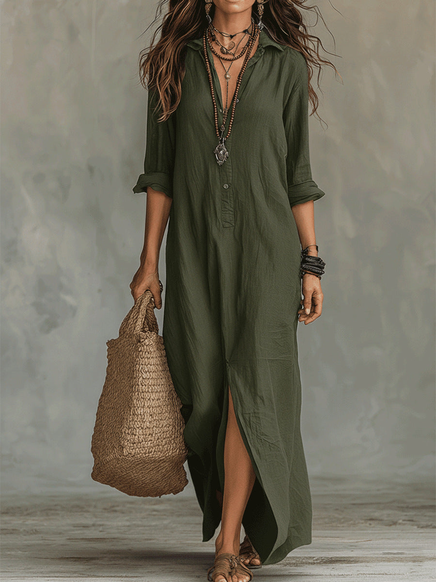 Spring Summer Solid Color Notch Lapel Front Slit Long Dress Casual Shirt Dress Lazy Style 