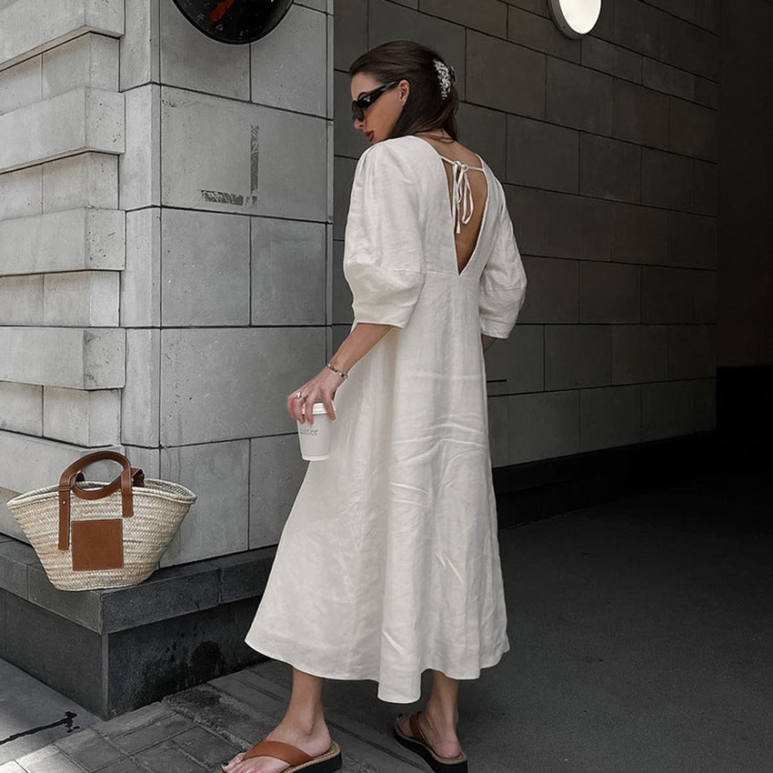 V-neck bubble sleeve loose mid length dress 