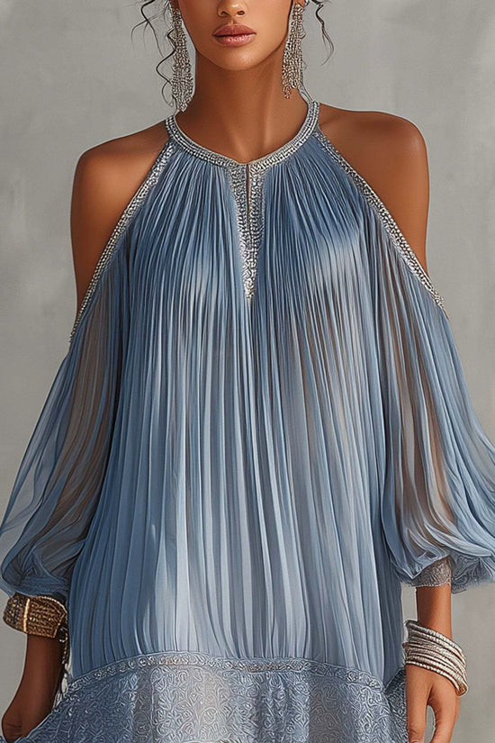 Flared Chiffon Dress with Ruffles and Lace Hem, Loose Fit with Bubble Sleeves, Vacation Beach Skirt 