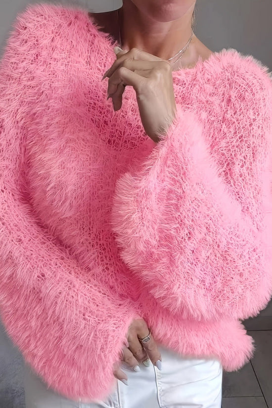 Women's macaron round neck fluffy solid color long sleeved fur top 