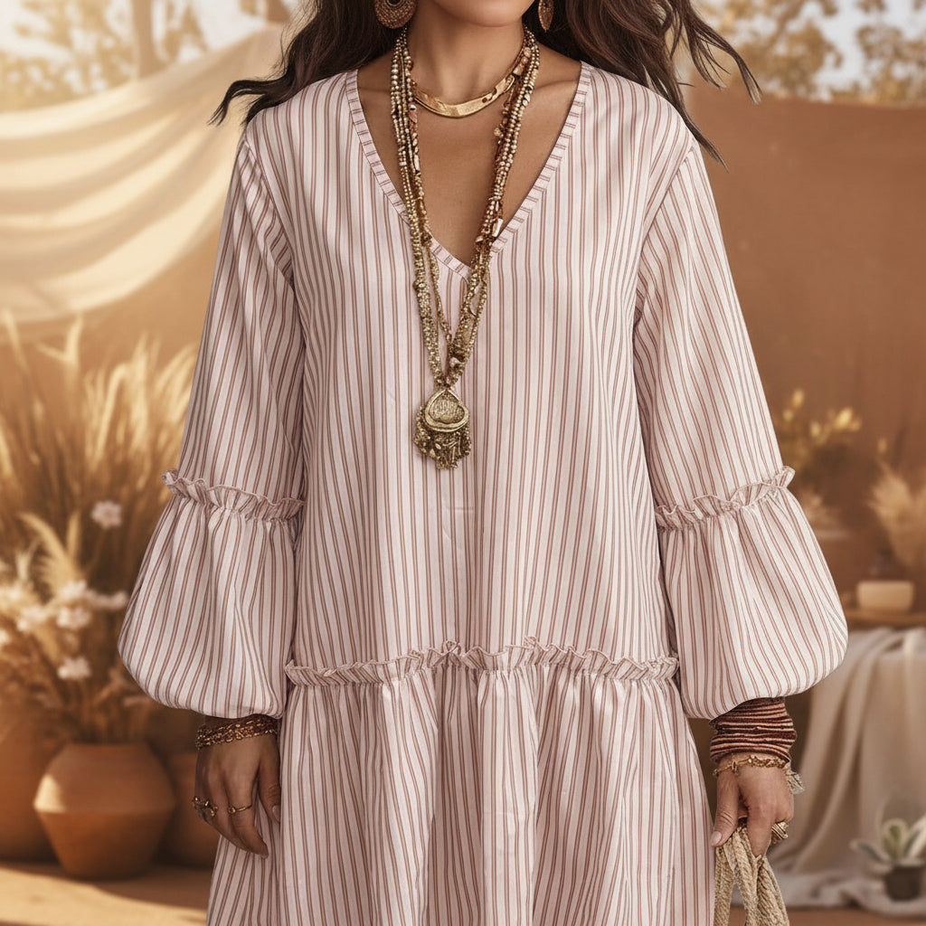 Style Autumn New Women's Long Sleeve Dress Stripe Print V-Neck Lantern Sleeve Loose Mini Dress 