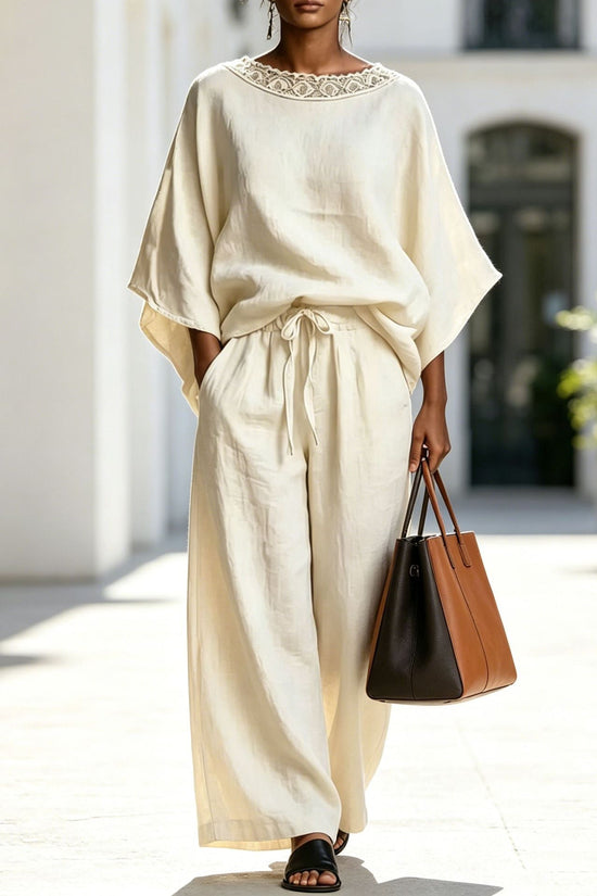 Fashion Casual Solid Color Lace Round Neck Loose Short Sleeve Pants Two-Piece Set 