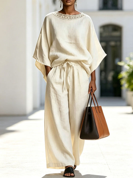 Fashion Casual Solid Color Lace Round Neck Loose Short Sleeve Pants Two-Piece Set 