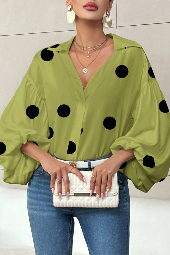 Polka Dot Half-Open Neck Loose Bubble Sleeve Long Sleeve Top 