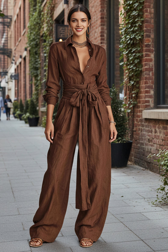 Solid color collar top high waisted pants two-piece set 