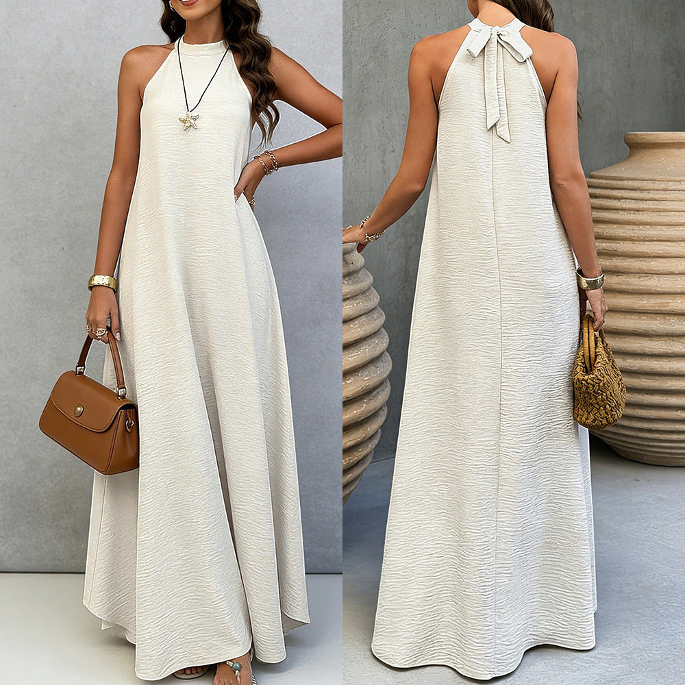 Women Summer Ice Silk Wrinkle Loose Plus Size Sleeveless Solid Color Swing Long Maxi Dress Vacation Style 