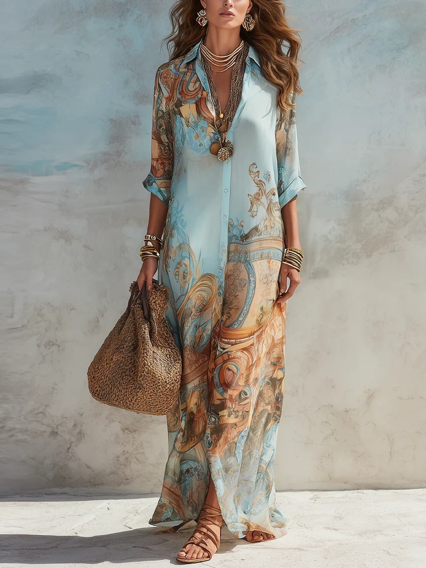 Chiffon Digital Print Fresh Vintage Flowy Women's Dress 