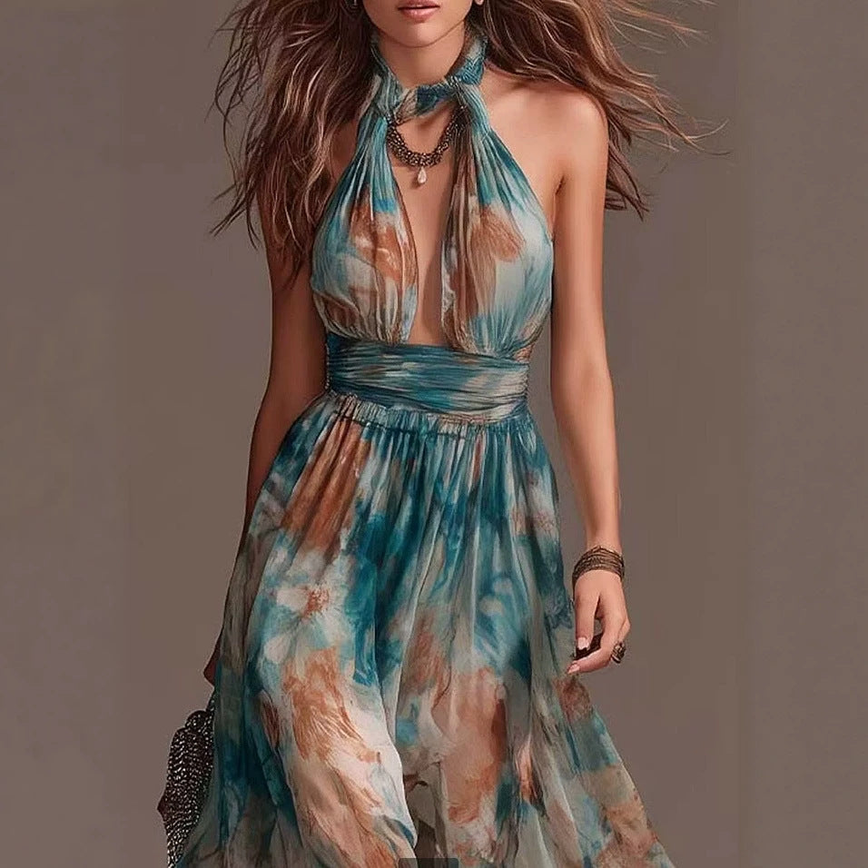 Hang Neck Backless Ink Print Vacation Style Casual Long Dress 
