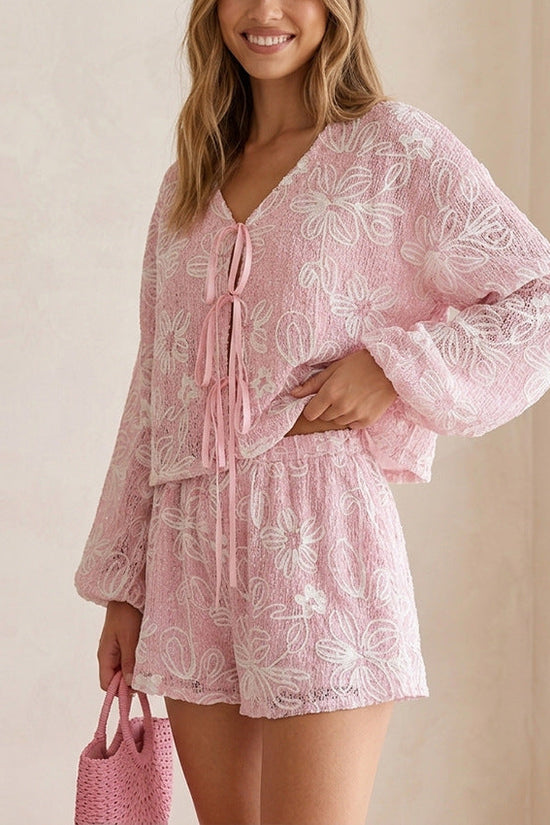 V-neck long sleeved lace up top and shorts two-piece set 