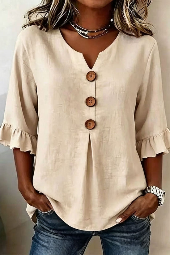 Fashionable Cotton Linen V-Neck Button-Up Blouse for Women Summer Casual Top 