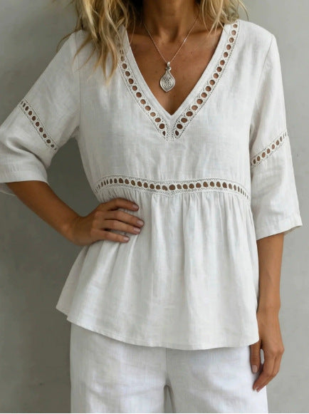 Solid-color V-neck Hollow-out Casual Fringed Top 