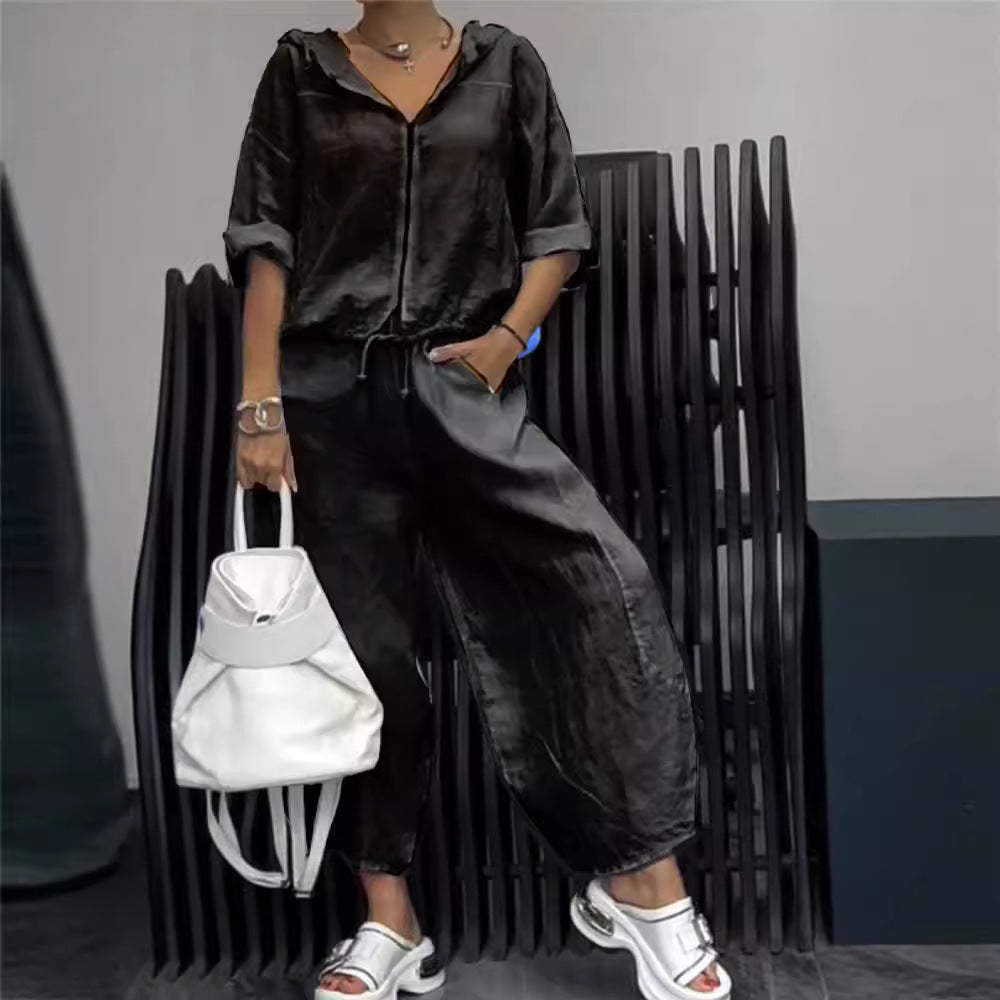 Cotton And Linen Womens Casual Fashion Long-Sleeve Top And Pants Two-Piece Set 