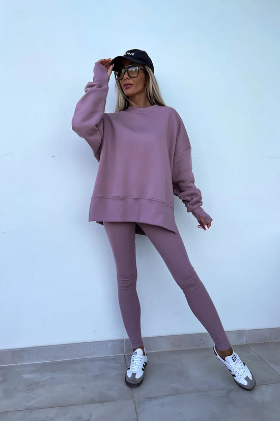 Sweater Suit Women's Casual Loose Long Sleeve Crew Neck Split Top Tight Trousers 