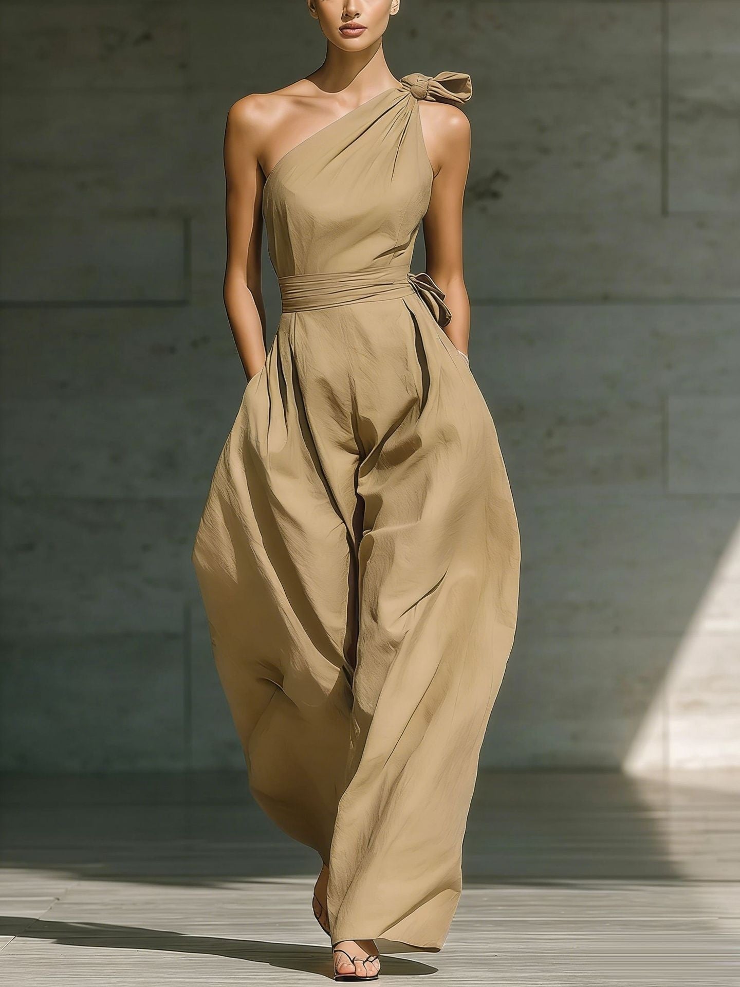 Loose-fitting Sleeveless Off-shoulder Belted Jumpsuit 