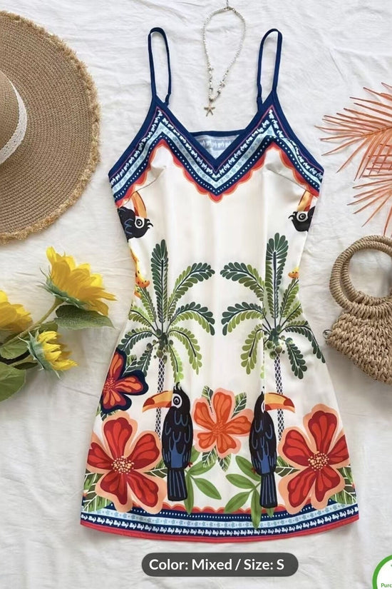 European And American-style Tropical Print V-Neck Slip Dress 
