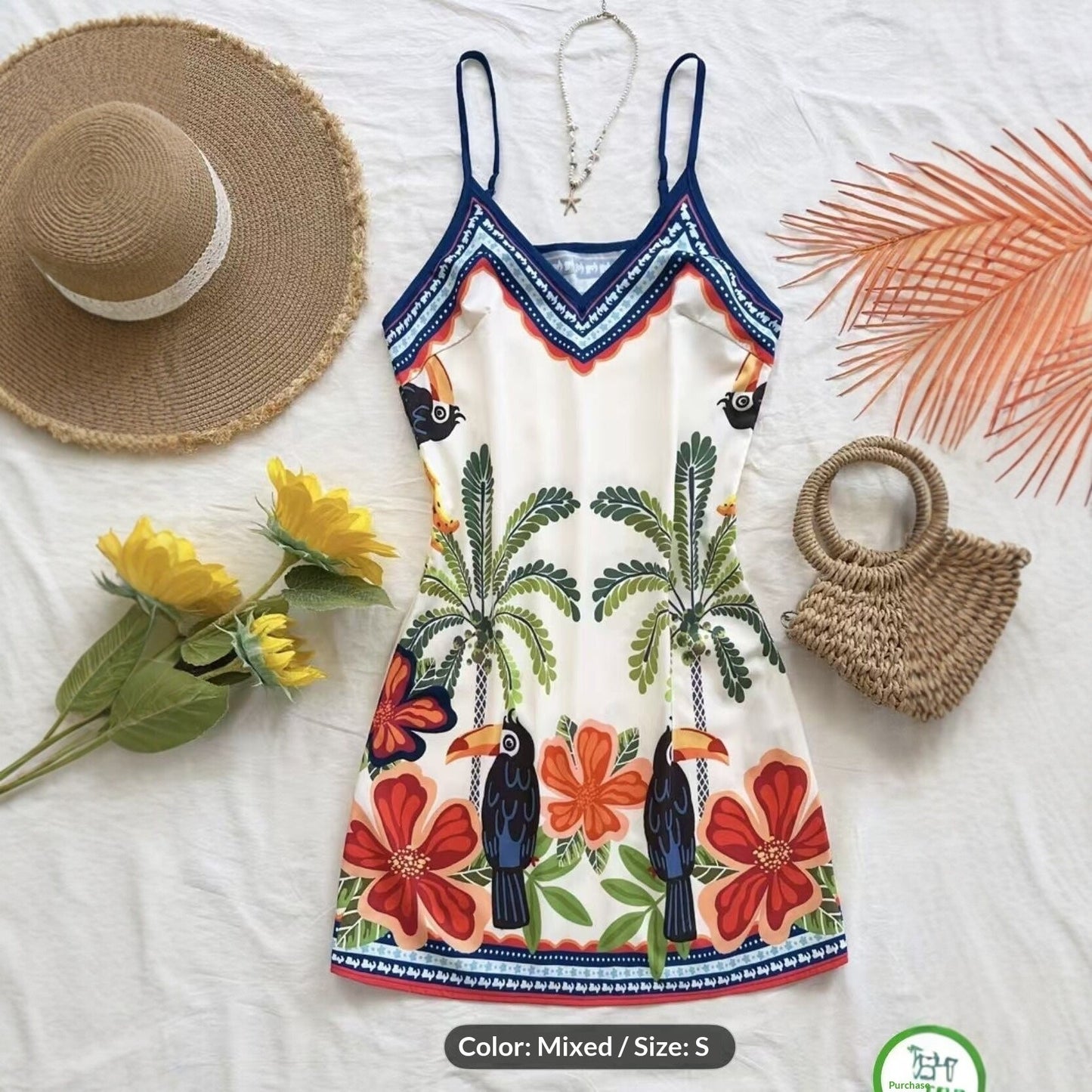 European And American-style Tropical Print V-Neck Slip Dress 