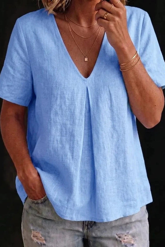 Women's Solid-Color Pleated Cotton-Linen Short-Sleeve Shirt T-Shirt 