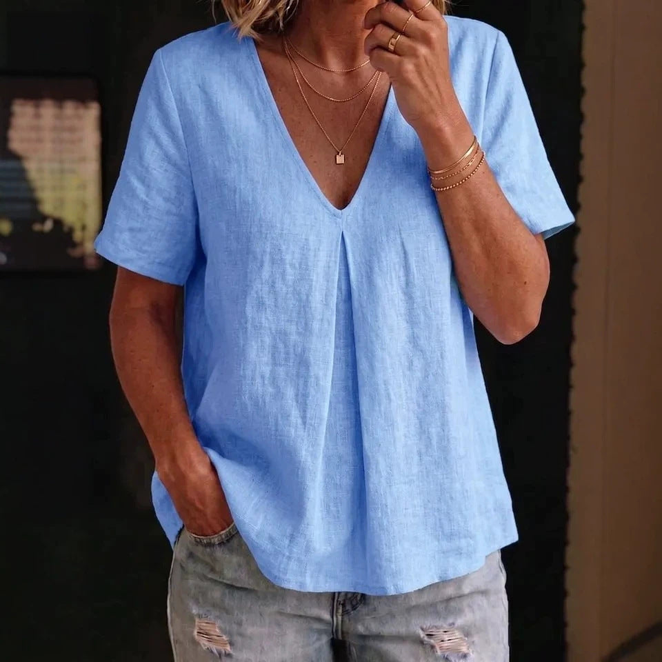 Women's Solid-Color Pleated Cotton-Linen Short-Sleeve Shirt T-Shirt 