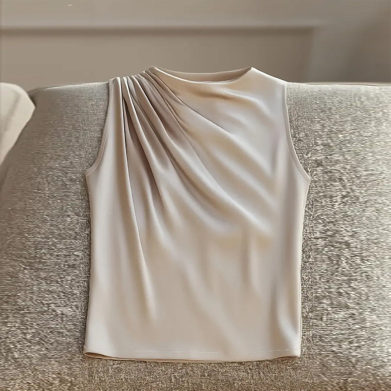 Women's Elegant Sleeveless Mock Neck Top, Ruffle Detail Solid Color Blouse For Office And Casual Wear 
