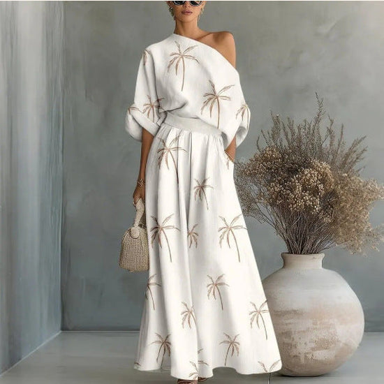 Printed Off-Shoulder Top And Pants Two-Piece Set 