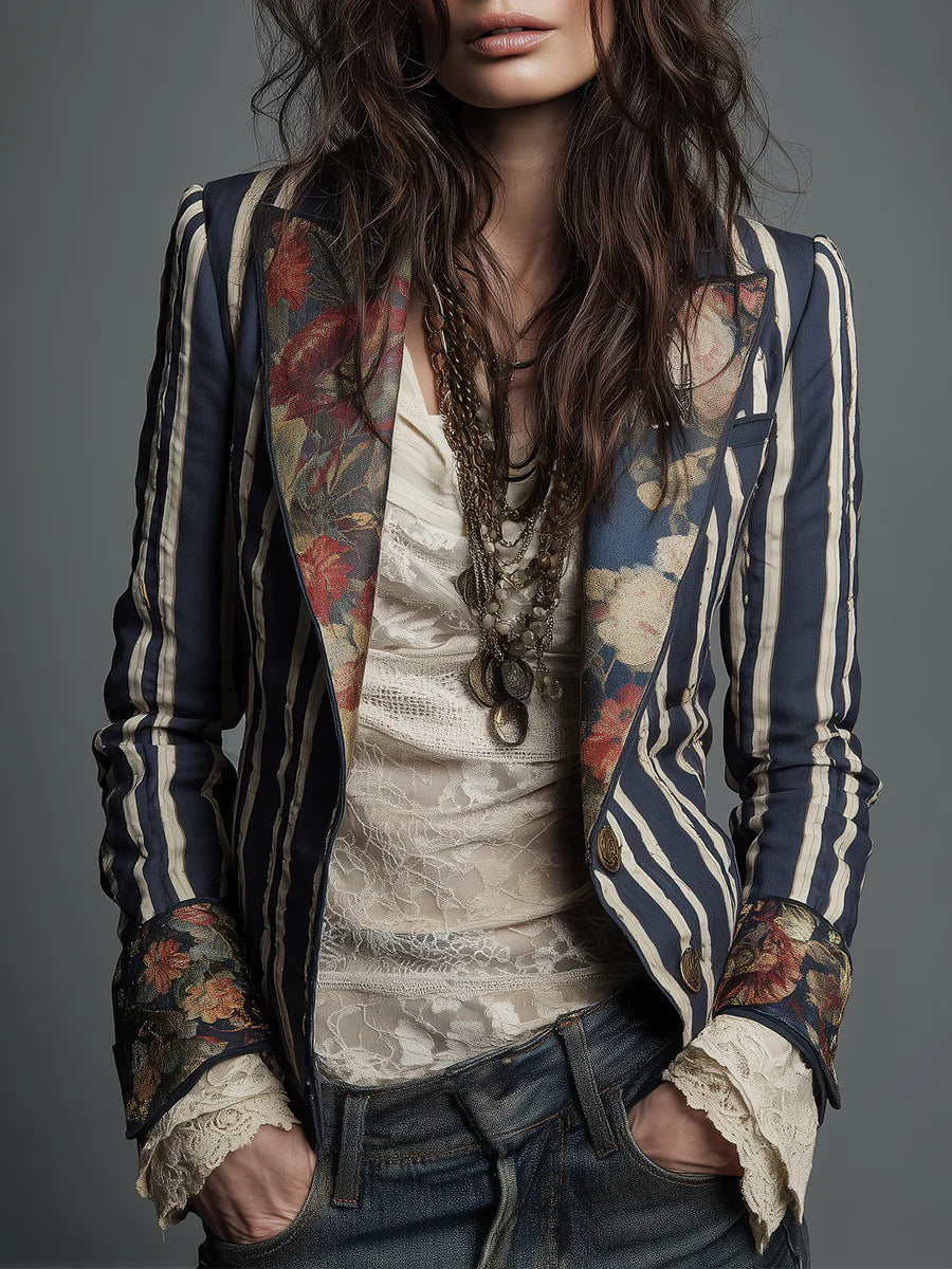 Women's Bohemian Color-Block Striped Blazer 