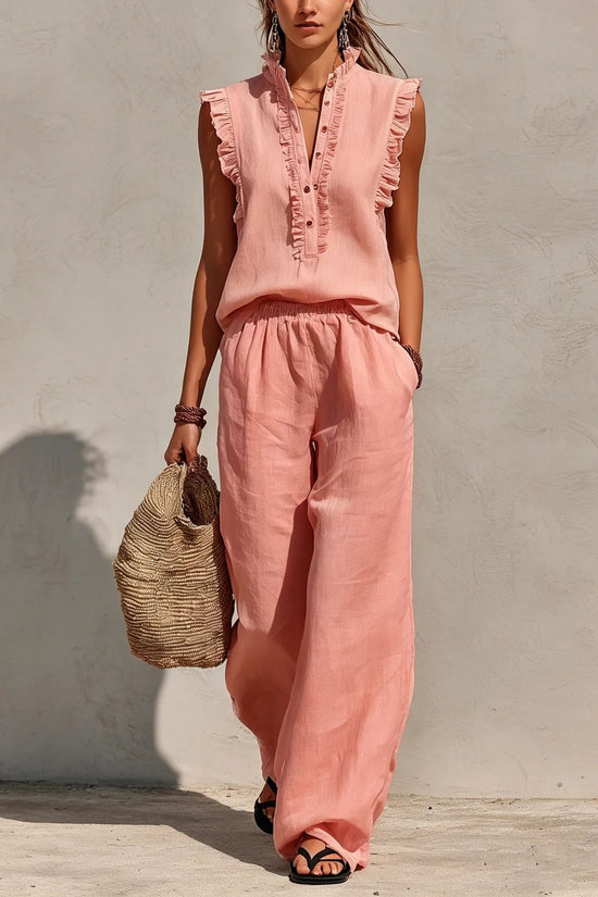 Sleeveless Ruffled V-neck Top And Elastic-waist Wide-leg Pants 