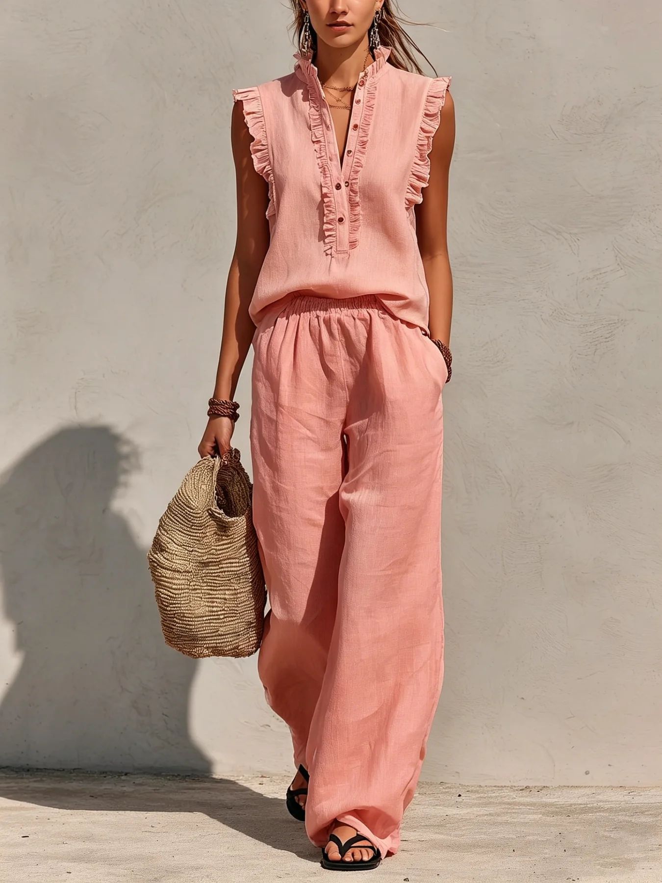 Sleeveless Ruffled V-neck Top And Elastic-waist Wide-leg Pants 