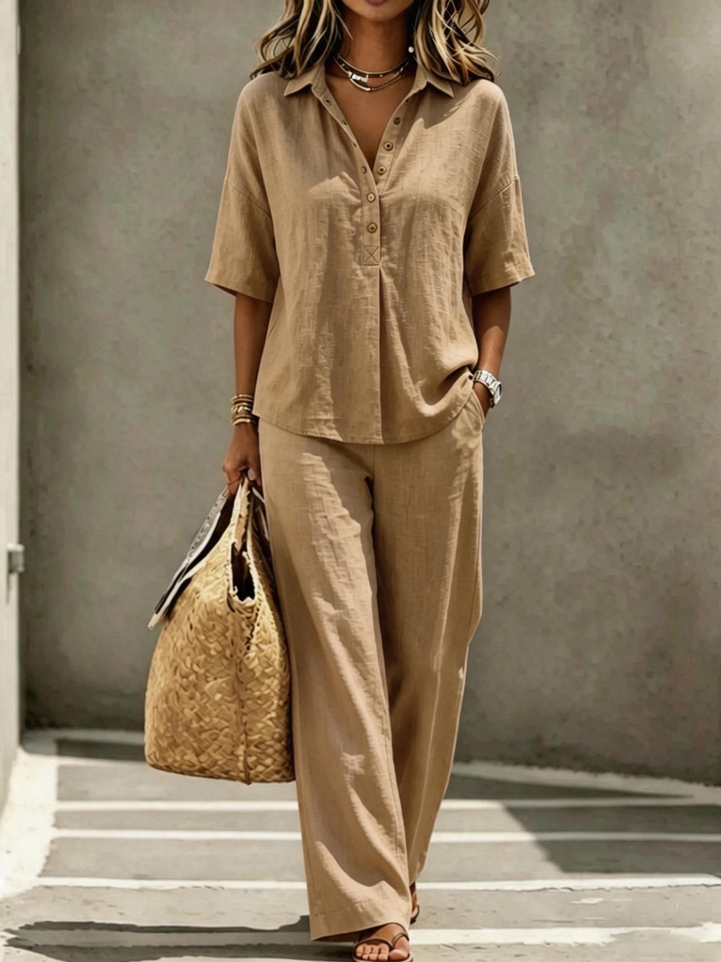 Womens Polo-Neck Button-Up Top And Wide-Leg Pants Two-Piece Set 