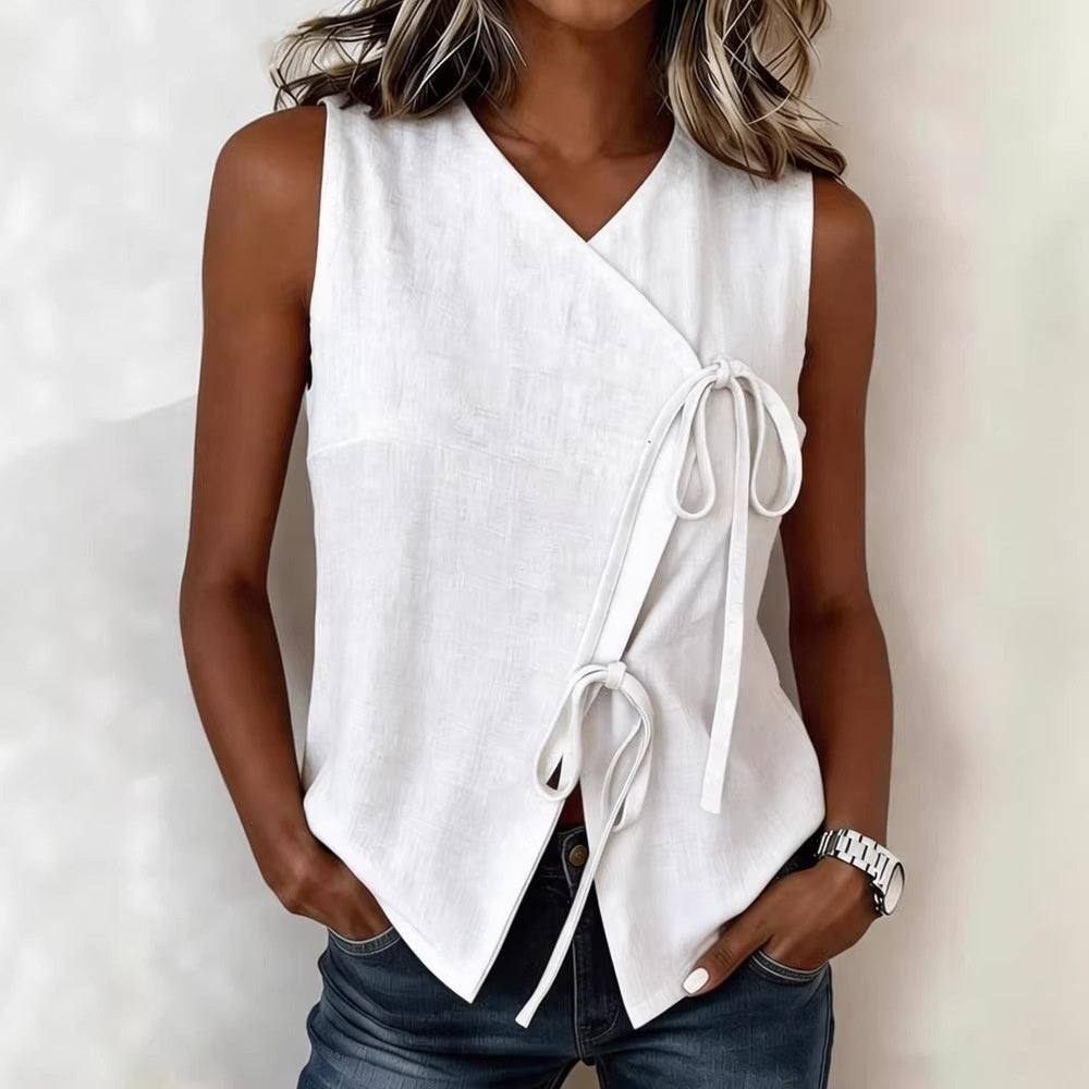 Womens Bow-Tied V-Neck Top Sleeveless Tank Top 