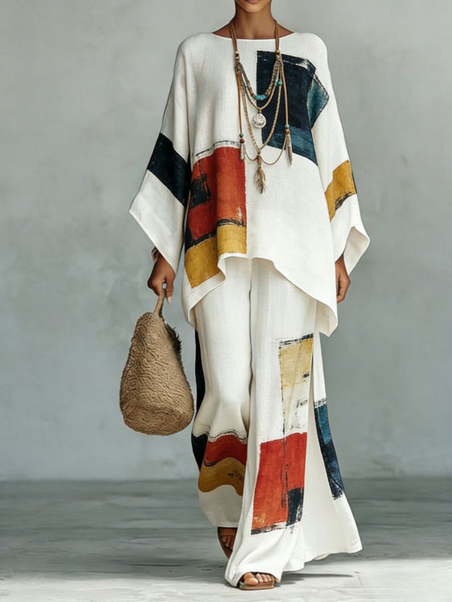 Women's Floral Print Linen Wide-Leg Two-Piece Set 