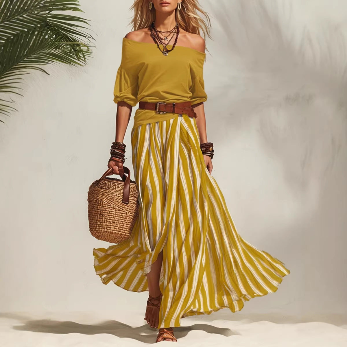 Off-shoulder Top And Slit Skirt Womens Set 