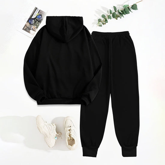 Women's Solid 2-Piece Set Letter Print Hoodie With Pocket & Drawstring Jogger Pants Casual Tracksuit CJ US