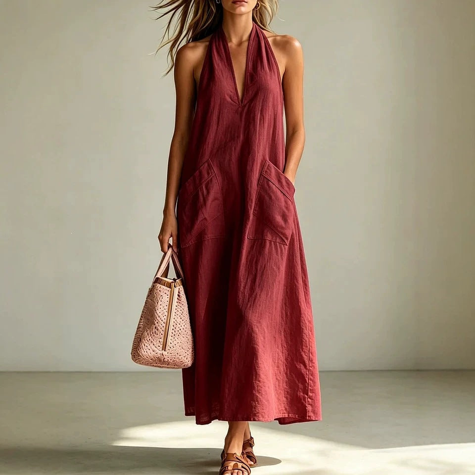 Cotton Halterneck Sleeveless Deep V-Neck Loose Straight-Line Dress 