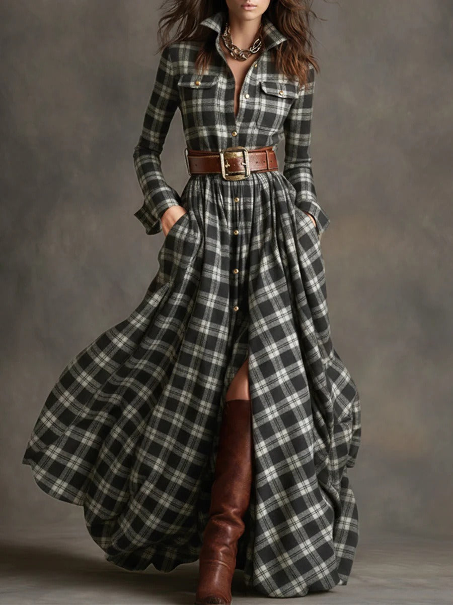 Ins Plaid Print Long-Sleeved Dress Fashion Pockets Collared Buttons Shirt Long Dresses Retro Women's Clothing 