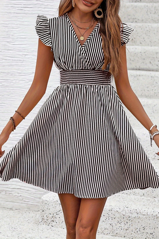 Women's Mini Dress V Neck Flutter Sleeve Striped Summer Dress CJ US