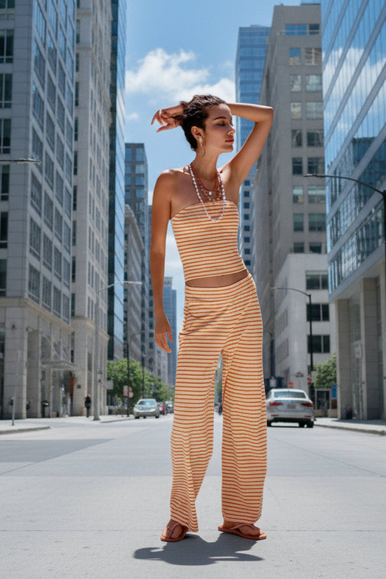 Printed Striped Tube Top And Pants Set 