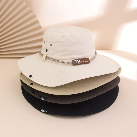 Plain-color Letter-pattern Leather Sun-protective Wide-brimmed Sunshade Outdoor Simple Style Fisherman Hat For Daily Commuting, Fishing, Mountain Climbing 