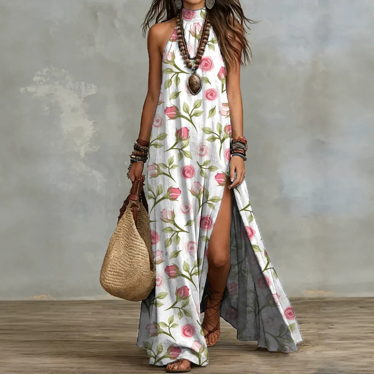 Split Sleeveless Multicolored Printed Maxi Dress 