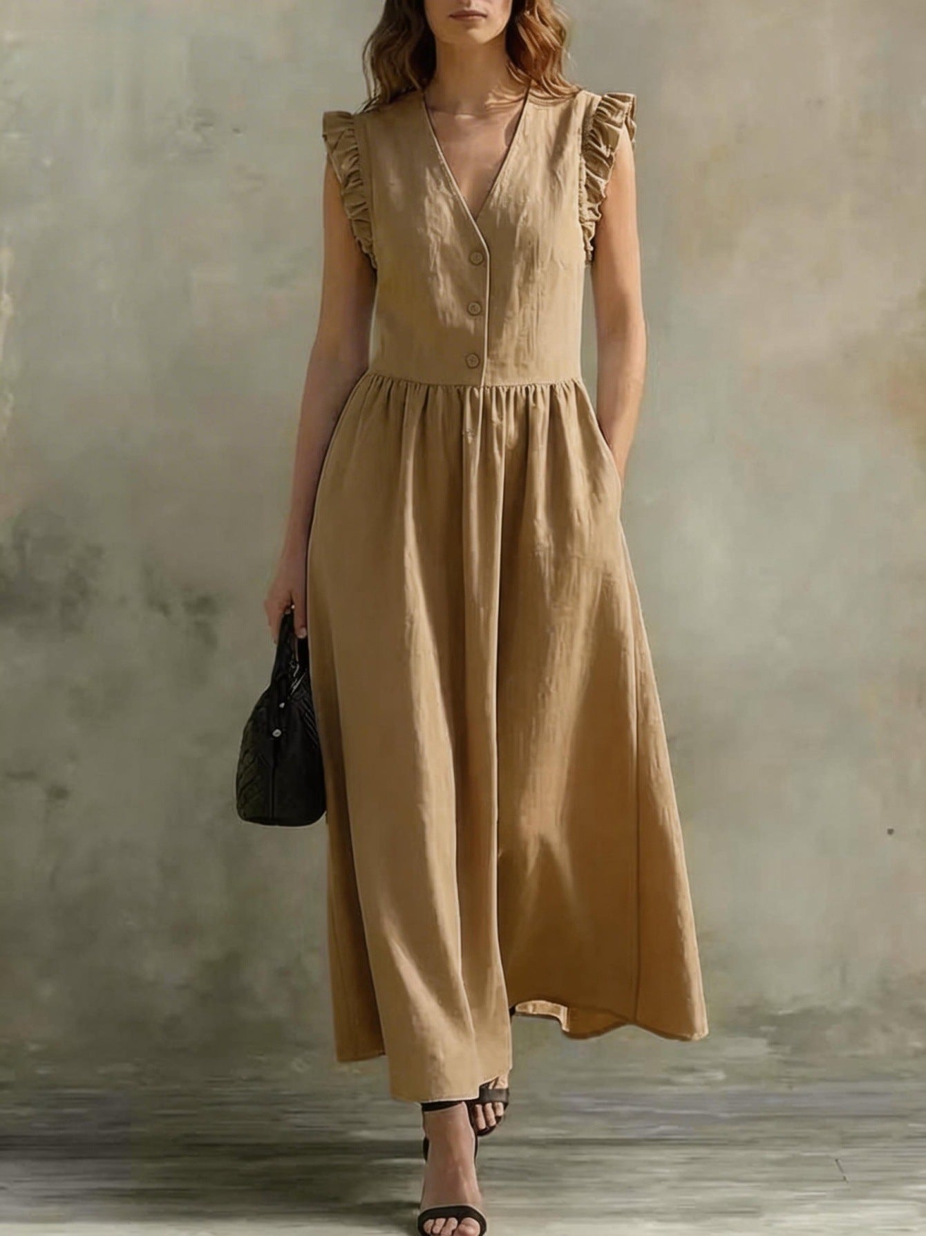 Casual Fashionable Elegant V-Neck Dress With Pockets 