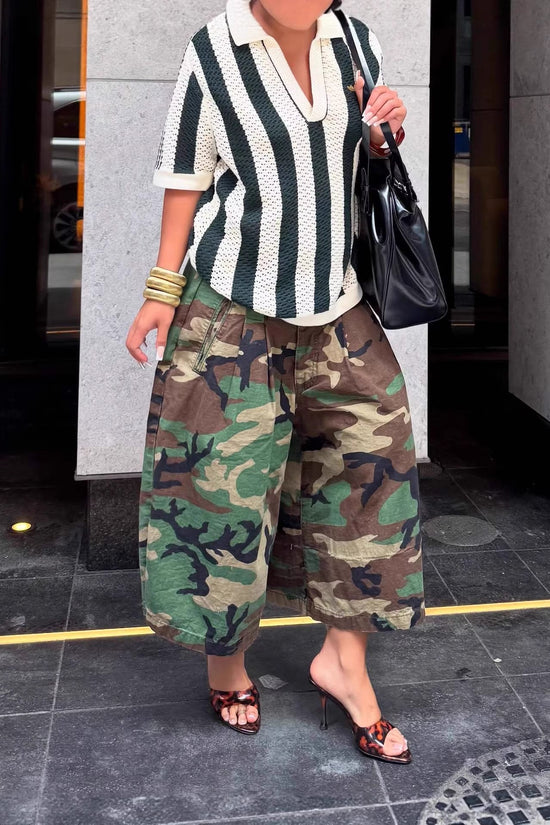 Fashionable Casual Camouflage Workwear-style Loose Wide-leg Pants 