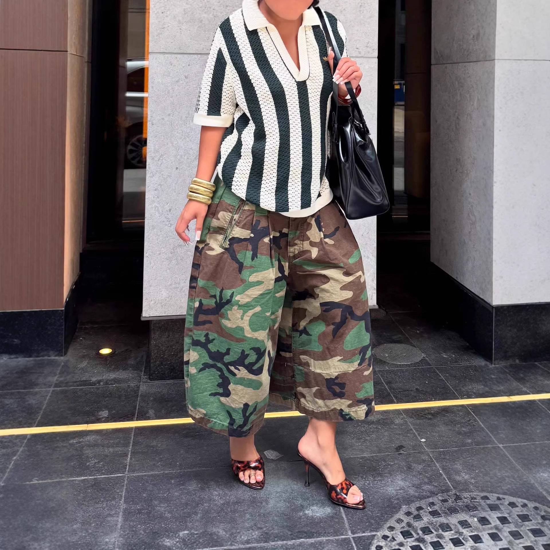 Fashionable Casual Camouflage Workwear-style Loose Wide-leg Pants 