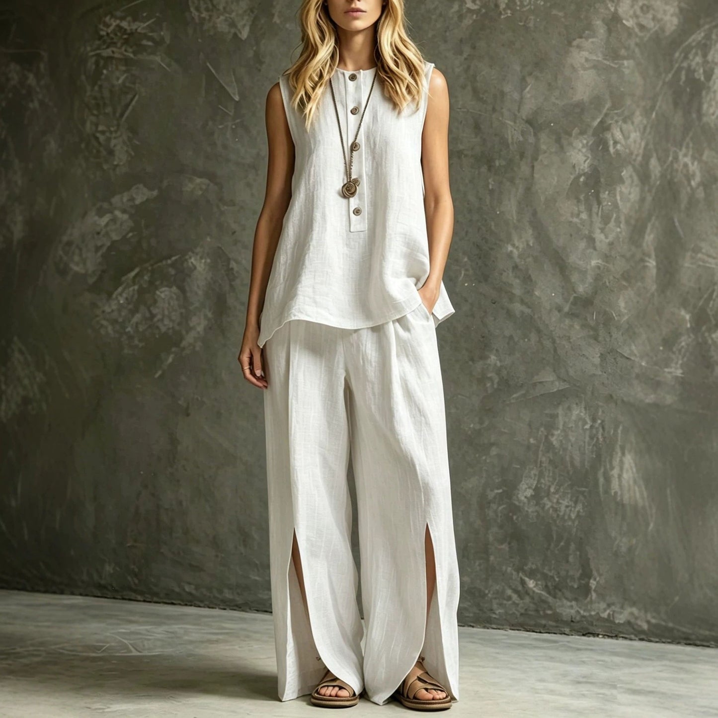 Womens Loose Sleeveless Tank Top And Slit Wide-Leg Pants Set 