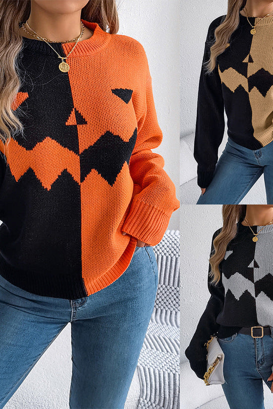 Women’s Spooky Pumpkin Contrast Long-Sleeve Pullover Sweater CJ US