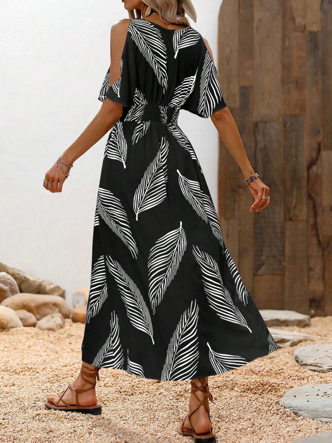 Women’s Off-Shoulder Cross V-Neck Maxi Dress CJ US