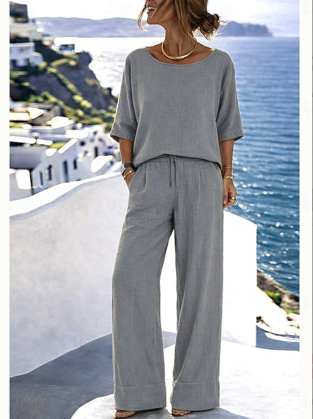 Cotton-Linen Minimalist Elegant Resort Short-Sleeve Pants Set 